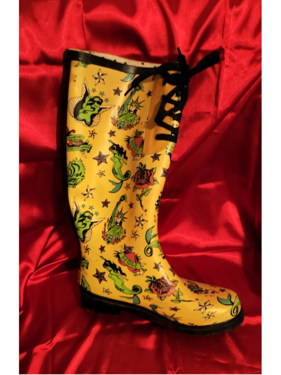 Betsey Johnson Shoes - Betsey Johnson Tattoo Print Rain Boots Yellow Black size 8